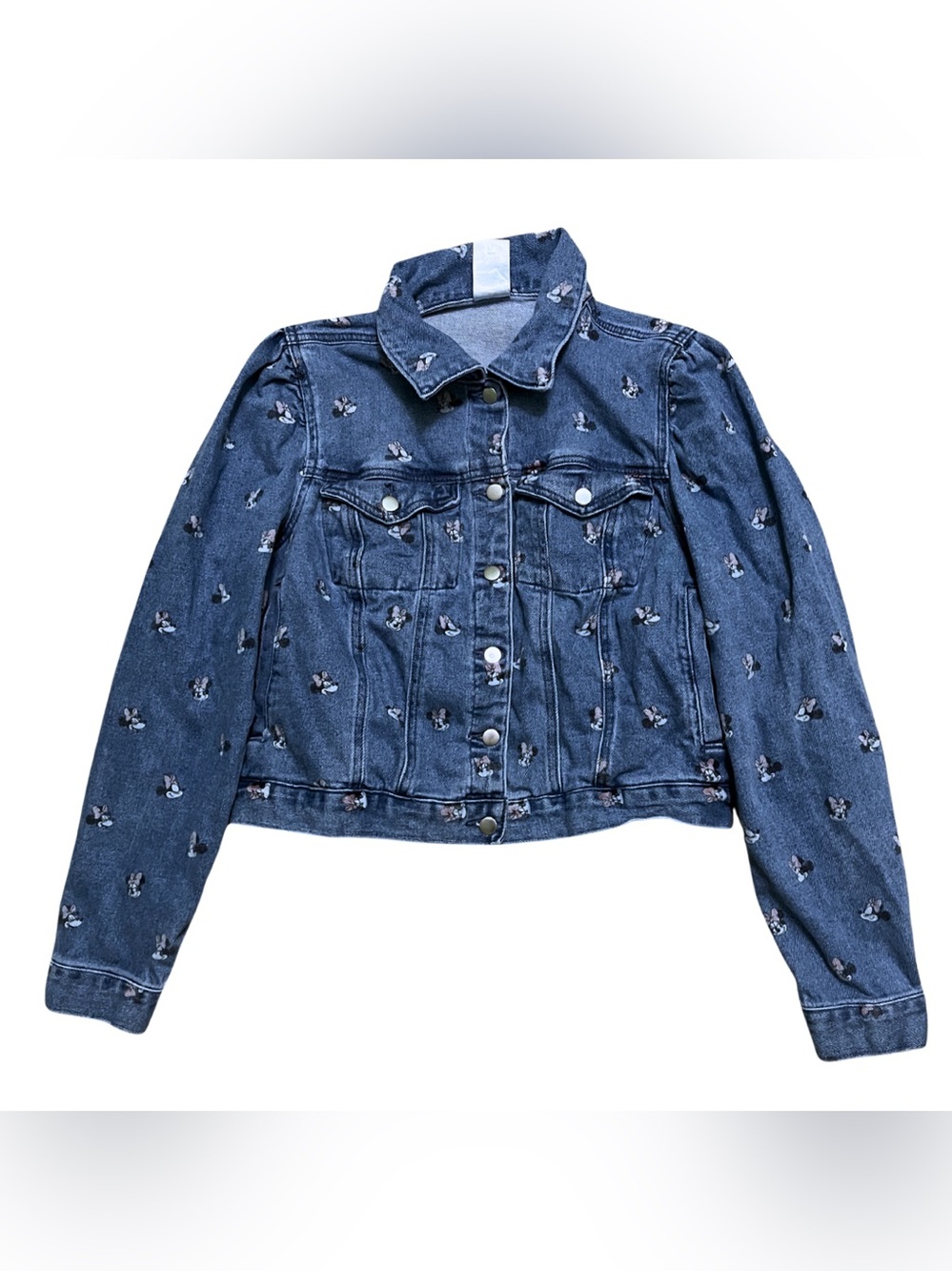 Disney Parks Womens Denim Jacket Minnie Mouse Jean Cropped All-Over Print Medium